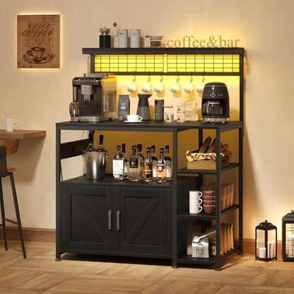 TVU Bakers Rack with Power Outlet and LED Light, Microwave Stand with Storage Cabinet, Coffee Bar Cabinet Station with 6 Hooks for Kitchen, Dining Room, Living Room, Coffee Bar, Black - color: Black