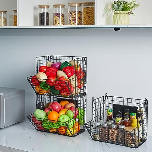 X-cosrack Metal Wire Basket Wall Mount, 3 Tier Wall Storage Basket Organizer with Hanging Hooks Chalkboards, Rustic Kitchen Fruit Produce Bin Rack Bathroom Tower Baskets (Black) - color: Black-3 Tiers