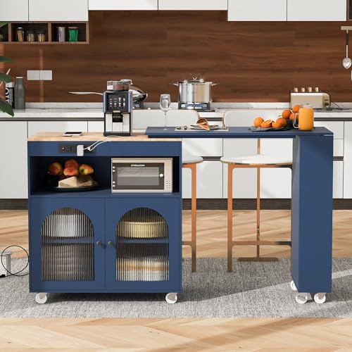 Rolling Kitchen Island with Extendable Swivel Table and Power Outlet, Kitchen Island on Wheels with Storage Cabinet, Fluted Glass Doors and Open Shelves for Small Spaces, Navy Blue - color: Navy Blue