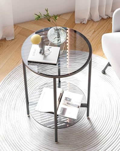 Tempered Glass End Table: 2-Tier Round Nightstand 22 inch High Grey | Circle Side Table 4 Legs Home Decor for Living Room Bedroom - size: Height - 22 inch