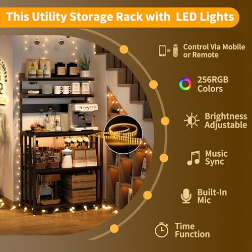 METYERRY Adjustable Bakers Rack with Power Outlet,Coffee Bar Station with Led Lights,Microwave Stand with Storage,5-Tier Kitchen Shelf,Kitchen Storage Rack for Spices, Pots and Pans,Black - color: Black