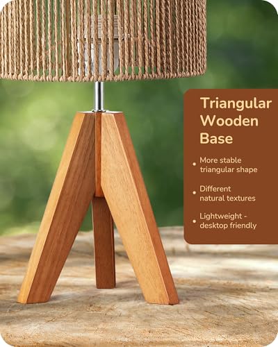 EDISHINE Small Rattan Table Lamp, Wood Tripod Bedside Lamp, Boho Nightstand Lamp for Living Room, End Table, Office, E26 Base, Natural Style - color: Rosewood Color&Vertical Stripe Shade