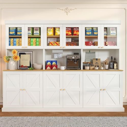 ivaniti 71" Tall Farmhouse Kitchen Pantry, Large Storage Cabinet with Glass Doors, Freestanding Coffee Bar Hutch with Microwave Stand, Adjustable Shelves for Kitchen, White 3 Pcs - color: White, size: 3A