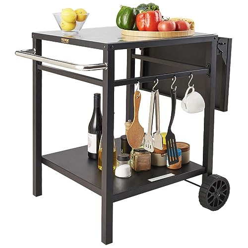 VEVOR Outdoor Grill Dining Cart with Double-Shelf, BBQ Movable Food Prep Table, Multifunctional Foldable Iron Table Top, Portable Modular Carts for Pizza Oven, Worktable with 2 Wheels, Carry Handle - size: 21.65"D x 21.65"W x 29.72"H, style: Iron Table To