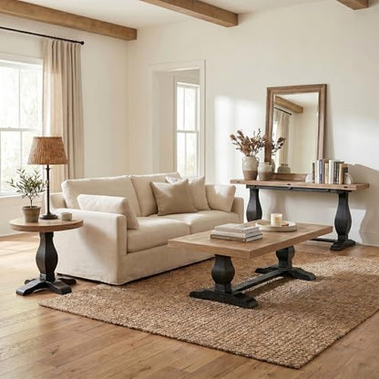 Martin Svensson Home Napa Solid Wood Pedestal End Table, Black & Driftwood | Farmhouse Rustic, Pine Wood, Round Side Table, Nightstand, 2" Plank Top, for Living Room or Bedside, 26" W x 26" D x 25" H - color: Black and Driftwood