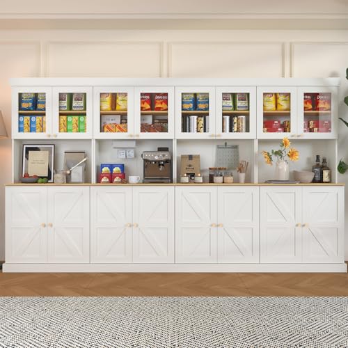ivaniti 71" Tall Farmhouse Kitchen Pantry, Large Storage Cabinet with Glass Doors, Freestanding Coffee Bar Hutch with Microwave Stand, Adjustable Shelves for Kitchen, Living Room, White 4 Pcs - color: White, size: 4A