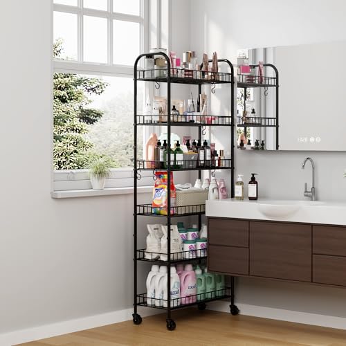 6 Tier Slim Storage Cart with Wheels, Metal Mobile Shelving Unit Organizer Utility Cart for Office Bathroom Kitchen Laundry Room Narrow Places (10inches) - size: 10inches