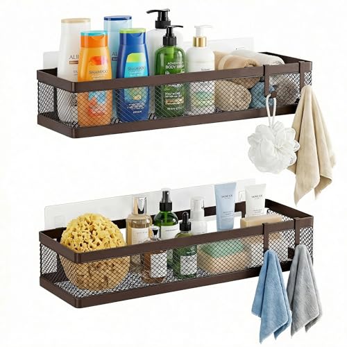PUSDON 16.5-Inch Extra Long Slim Mesh Shower Caddy, Wall Mounted Bathroom Organizer with Adhesive, Heavy Duty Rustproof Shelf for Narrow Kitchen Pantry & RV, Holds 50 LBS Bronze -2 Packs Netting - color: Vintage Bronze, size: Full Mesh (16.5" Extra Long)