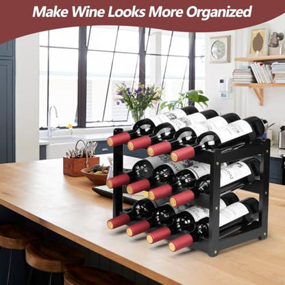 Bamboo Wine Rack, Sturdy and Durable Wine Storage Cabinet Shelf, Wine Racks Countertop for Pantry - 3 Tiers 12 Bottle Wine Rack, Black - color: 3 Tier Black