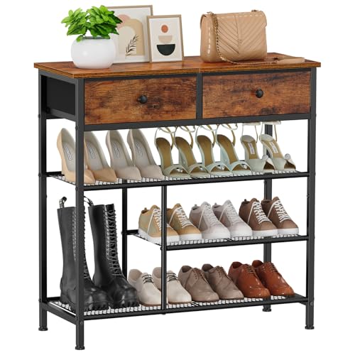Snughome Shoe Rack for Entryway, 4 Tier Shoe Organizer with 2 Non-Woven Drawers, Shoe Storage Shelves with Sturdy Wooden Top and Metal Shelves, Shoe Stand for Closet - size: 4 Tier (29.53"H)