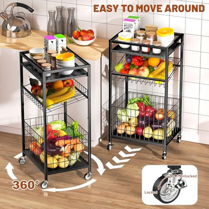 Fruit Vegetable Cart, 3-Tier Snack Cart on Wheels & Wood Top, Black | Vegetable Rack For Kitchen, Kitchen Cart Organizer for Fruit, Vegetables, Potato, Snack - color: Black, style: 3-Tier