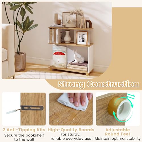 GOFLAME 3-Tier Geometric Bookcase, S-Shaped Bookshelf with 2 Open Back Compartments, Modern Display Rack, Narrow Compact Side End Table Nightstand for Living Room, Home Office (1,White & Natural) - color: White & Natural
