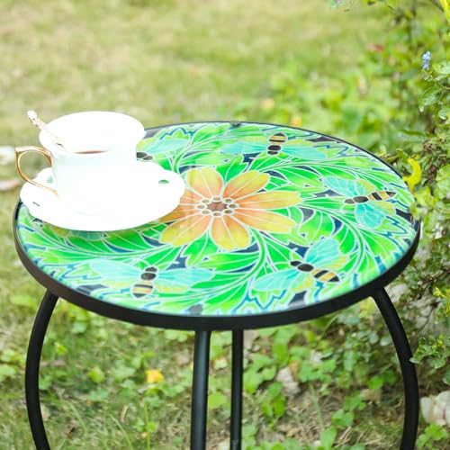VCUTEKA Outdoor Side Table Mosaic End Patio Side Table Small End Tables Glass Top Round Balcony Coffee Tables Porch Indoor Glass Top Bee 14'' - color: Bee