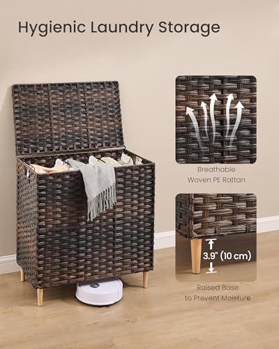 SONGMICS 3-Section Laundry Hamper with Lid, 42.2 Gal (160L) PE Rattan Laundry Basket with Removable Washable Liners, for Bedroom & Living Room, Chestnut Brown ULCB223ME01 - color: Chestnut Brown, size: 160 L (3 Basket)