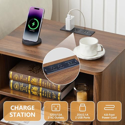 Accent Bed Side Table with Charging Station, Mid Century Modern Nightstand with Storage for Bedroom, Low Rectangle End Table with Drawer for Living Room Couch, Office, Samll Spaces - Walnut - size: Walnut-drawer