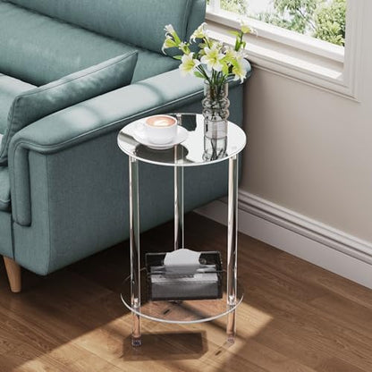 Clear Round Acrylic Side Table for Small Spaces, 11.81" L x 11.81" W x 19.82" H, 2 Tier Small Modern Drink End Table Nightstand, Minimalist Bedside Table for Living Room, Bedroom, Bathroom - size: 2 Tier 1-Pack (19.82"H)