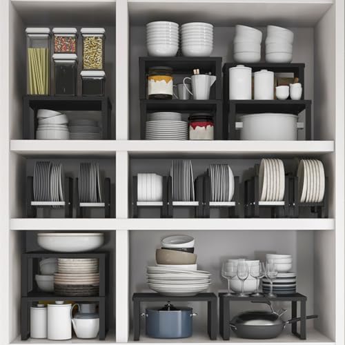 Stackable Cabinet Shelf Organizer Counter Storage Spice Rack Metal Space Saving for Kitchen Pantry Cupboard Countertop Bathroom Bedroom Under Sink Office, Black - Medium - size: Medium, Pack 1