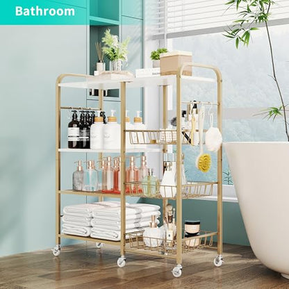 HapiRm Rolling Kitchen Microwave Cart - 4 Tier Microwave Table Stand with Pull-Out Baskets, Coffee Bar Baker's Rack with Wheels Rolling Storage Cart Organizer Shelf for Living Room Office, Balcony - color: Gold