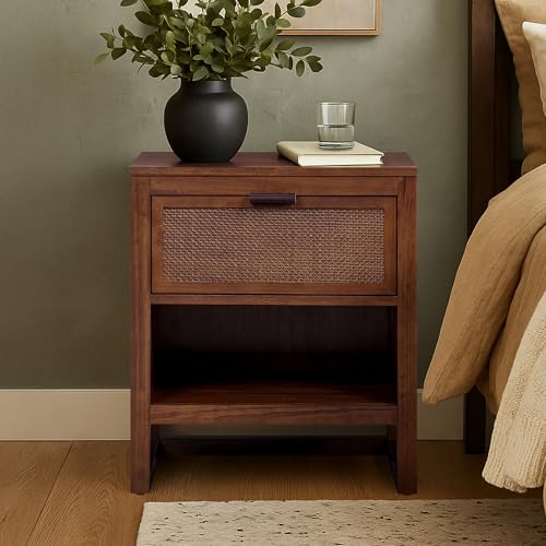 Teamson Home Hatteras 20" W Nightstand with 1 Deep Drawer and Open Shelf Storage in Coastal Modern Style, Ball Bearing Glides, Pine Wood Frames and MDF with Rattan, Walnut Finish | 1 Deep Drawer, Open Shelf Storage, Coastal Modern Style, Ball Bearing Glid