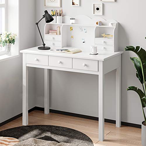 ADORNEVE White Home Office Desk with 7 Drawers and Hutch | Writing Desk, Student Desk Study Table, Small White Desks, Solid Pine Wood Legs - color: White, size: 36.2*19inch