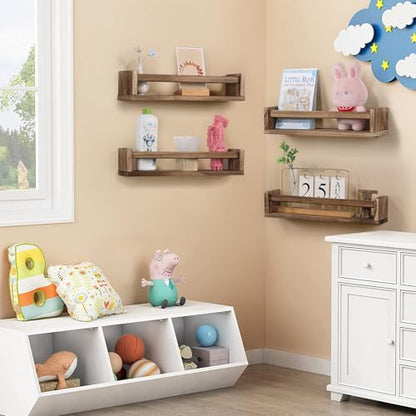 Nursery Room Shelves Set of 4, Wood Floating Book Shelves for Kids Room, Baby Book Shelf for Nursery, Kitchen Spice Rack (Carbonized) - color: Carbonized