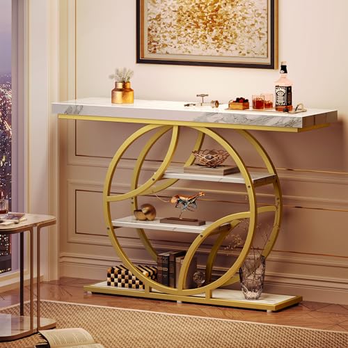 Huuger 47.2 Inch Entryway Table with Marble Top, Modern Console Sofa Table, Accent Table with Shelves, for Entry, Hallway, Entrance, Foyer, O-Shaped Metal Frame, White Marble & Gold - color: Marble Gold, size: 11.8"D x 47.2"W x 33.5"H