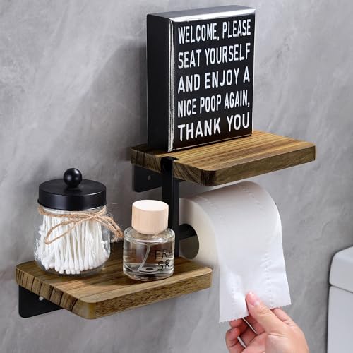 Double Layer Toilet Paper Holder - Adhesive & Screw-in Farmhouse Rustproof Bathroom Accessories with Shelf for Wipes&Cell Phone&Fragrance - color: Charcoal Brown