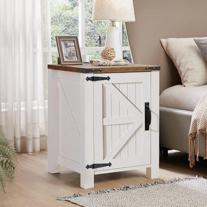 OKD 18" Farmhouse End Table Set of 2, Antique White | Rustic Nightstand, Charging Station, Barn Door, Adjustable Storage Shelf, Wood Sofa Side Table, Living Room, Bedroom - color: Antique White