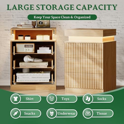 Xixini Nightstand with Charging Station and RGB LED Lights, Fluted 3-Drawer Bedside Table with Sliding Top, Wooden End Table for Bedroom, Living Room, Oak - color: Oak