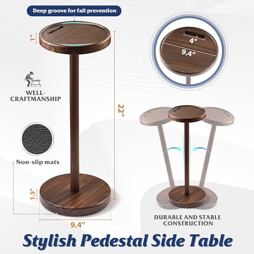 BLUEWEST Drink Table, 22" Tall Compact Side Table with Phone Slot and Weighted Base, Durable Pedestal Table Accent for Living Room (Flat, Walnut) - color: Medium Walnut