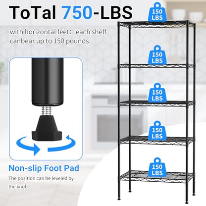BLKMTY 5 Tier Wire Shelving, Narrow Storage Metal Shelf, Standing Shelf Units, Adjustable Garage Shelving, 750 lbs Capacity, Commercial Shelves, 11.6" D x 21.5" W x 47.6" H, Black - color: Black, size: 5 Tire: 11.6" D x 21.5" W x 47.6" H