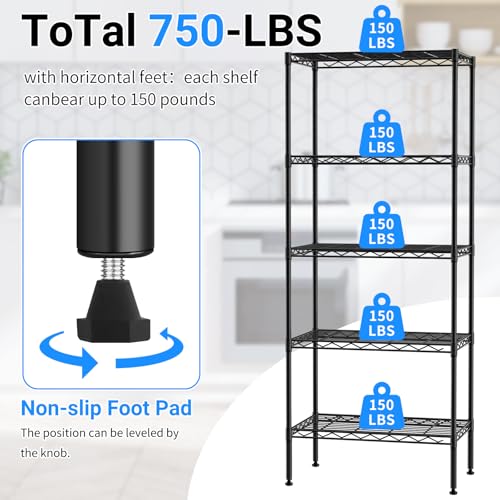 BLKMTY 5 Tier Wire Shelving, Narrow Storage Metal Shelf, Standing Shelf Units, Adjustable Garage Shelving, 750 lbs Capacity, Commercial Shelves, 11.6" D x 21.5" W x 47.6" H, Black - color: Black, size: 5 Tire: 11.6" D x 21.5" W x 47.6" H