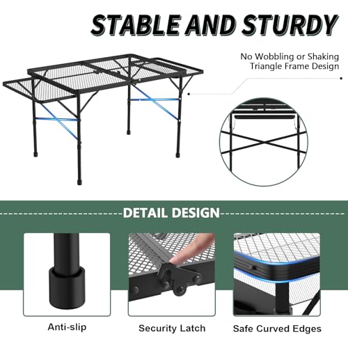 WildFinder Folding Table with 2 Wing Panels, 3x2 FT Camping Table with Mesh Desktop,Height Adjustable Folding Grill Table with Mesh Bag,Portable Outdoor Table for Picnic,Camping,BBQ,Beach(Black) - size: 3x2FT with 2 Panels