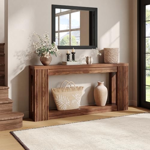 Maupvit Fluted Wooden Console Table with 2 Storage, 71 Inches Rectangular Entryway Table Behind The Couch, Farmhouse Boho Sofa Table for Entrance, Hallway, Living Room (Walnut) - color: Walnut