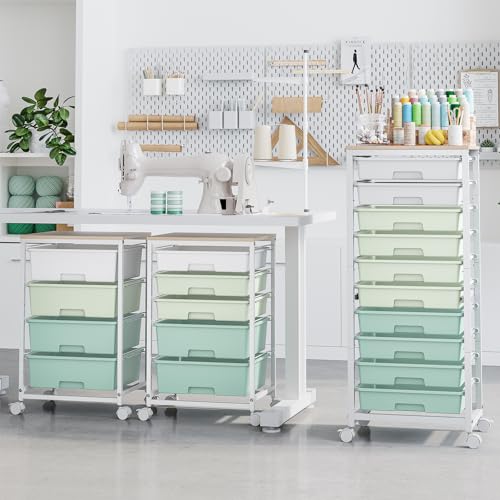 SYKIARIOL Rolling Cart with Drawers,10 Drawer Rolling Cart,Storage Cart,Utility Cart,Teacher Cart for Classroom Storage,Craft Cart with Wheels and Wooden Tabletop,Green - color: Green