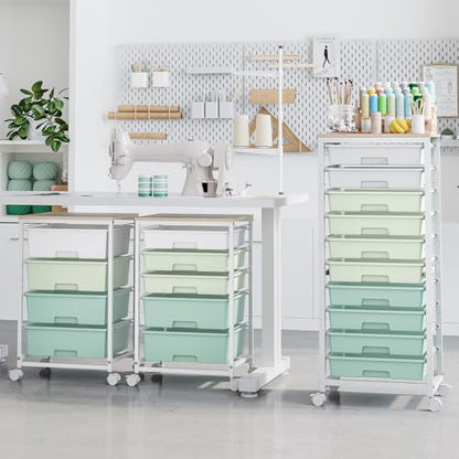 SYKIARIOL Rolling Cart with Drawers,10 Drawer Rolling Cart,Storage Cart,Utility Cart,Teacher Cart for Classroom Storage,Craft Cart with Wheels and Wooden Tabletop,Green - color: Green