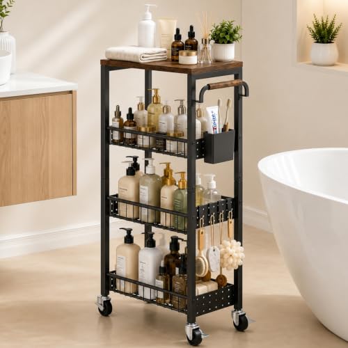 DTUQYX Slim Bathroom Storage Cart, 4 Tier Small Rolling Organizer Cabinet with Wood Top Handle, Mobile Shelving Unit Slide Out for Office, Kitchen, Laundry Room & Narrow Places (9.1" W Metal Basket) - color: Matte Black, size: 7.88"W Metal Wire Basket