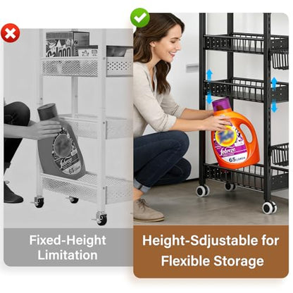 7.8 Inch Ultra-Slim 4-Tier Rolling Storage Cart with Adjustable Shelves - Lockable Wheels & Wooden Top for Narrow Spaces Between Washer/Dryer, Bathroom, Kitchen Organization (Black) - color: Black