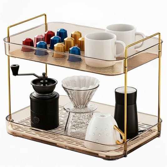 Coffee Bar Organizer, 2 Tier Coffee Station Trays, Mug Whiskey Holder Rack with Dual-Handle for Corner Accessories, Small Shelf Condiment Storage Caddy for Home Kitchen Office - Translucent Amber - color: Amber