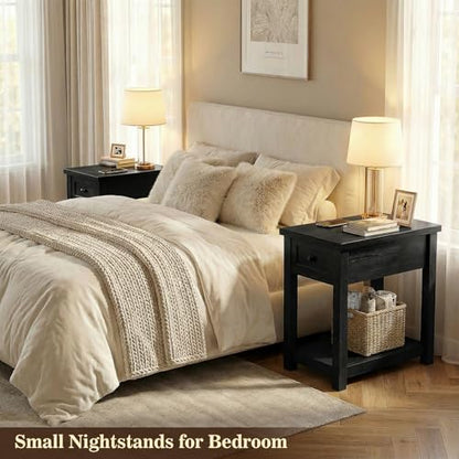Armocity Narrow End Table Set of 2 with Charging Station - Farmhouse Side Tables with Drawers, 14" Wood Nightstands Set of 2 for Bedroom Living Room, Slim Couch Bedside Table Small Spaces, Black - color: Black, size: 2 Pack