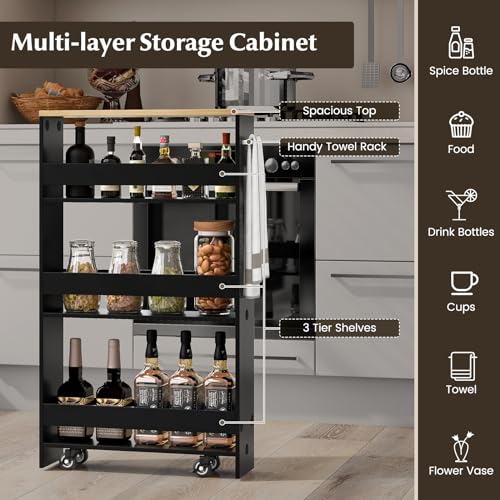 LOKO Slim Storage Cart, 4-Tier Rolling Cart with Handle & Wooden Top for Kitchen Bathroom Laundry Living Room Narrow Small Spaces, 5 Inches Width (Black & Natural) - color: Black & Natural