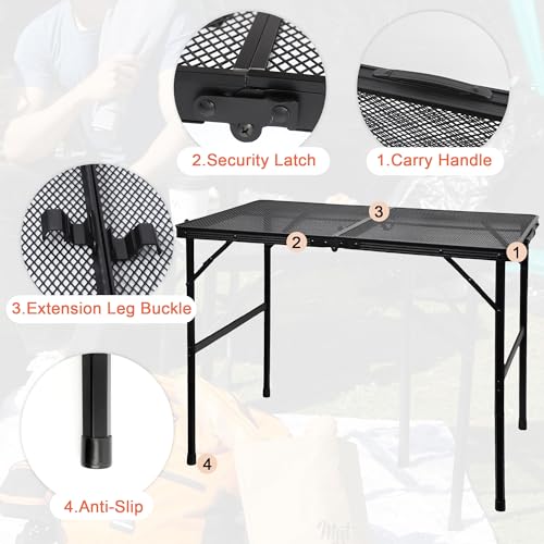 GREGIN Camping Table with Mesh Desktop, Lightweight & Portable Folding Grill Table, Height Adjustable Metal Outdoor Table for Camp, Cooking, BBQ, RV, Picnic-3 FT Black - size: M: 35.43"L x 23.62"W x 16.5"H/26"H