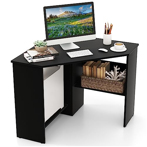 GOFLAME Corner Desk with Storage Shelves, Triangular Computer Desk with Cable Management Holes, Laptop Workstation for Small Space, Makeup Vanity Desk for Living Room, Study, Black - color: Black