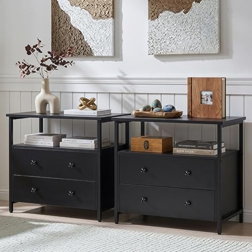 Edbuosy 27 inch Wide Nightstand Set 2 with Charging Station, Bedside Table with Open Shelf, 2 Drawers Small Wood Dresser, Modern Wood Nightstand for Bedroom/Living Room, Black - color: Black-2 Pack, size: 27"W-2 Drawers