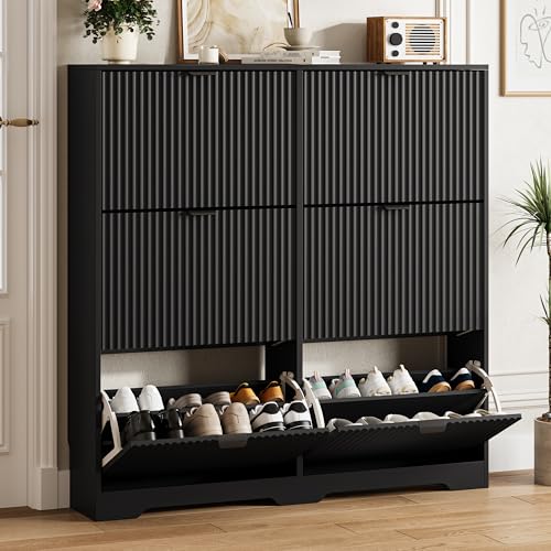 HUANLEGO Shoe Cabinet Storage for Entryway with 6 Flip Drawers, Black Fluted Shoe Cabinet with Adjustable Shelves, Wooden Hidden Shoe Rack Freestanding Narrow Slim Shoes Storage for Hallway, Entrance - color: Black, size: 6 Drawer