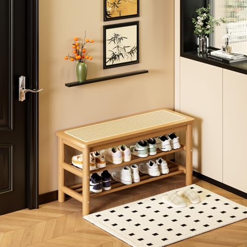 SOBIBO Bamboo Shoe Rack Bench with Rattan Seat, 3-Tier Shoe Storage Bench, Entryway Bench for Hallway，Nature-31.5 inches - color: Nature, size: 31.5 inch