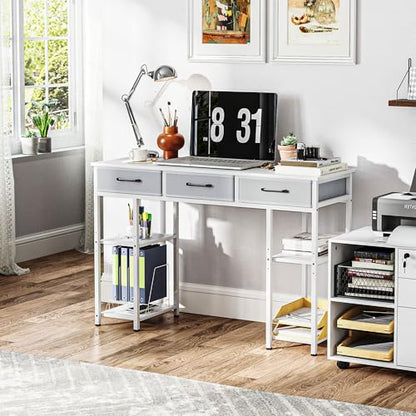 HOMCOM 47" Computer Desk with 3 Fabric Drawers, Home Office Desk with Adjustable Shelves, Small Writing Desk with Storage, White