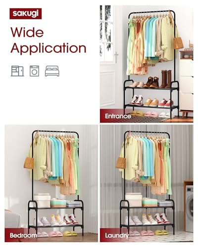 Sakugi Clothes Rack - 29.3" × 12.5" × 59.6" Clothing Rack and Shoe Rack with Anti-Slip Stopper, Large Capacity Rack with 2-Tier Shoe Organizer, Clothes Organizer for Bedroom, Entrance, Laundry, Black - color: Black