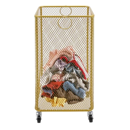 Metal Laundry Storage Basket on Wheels - Square, Rolling Hamper Cart with Mesh Wire & Ring Handles, Stackable Storage Organizer Clothing Sorting Rack for Clothes and Linens, 12"L x 12"W x 22"H (Gold)