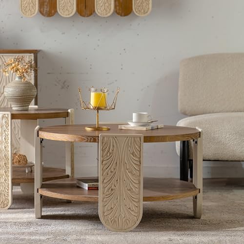 31.89'' Round Wood Coffee Table 2-Tier Circle Craft Rustic Coffee Table for Living Room, Modern Retro Farmhouse Carved Style, Easy Assembly, Natural Wood - color: Ø31.89''-natural Wood